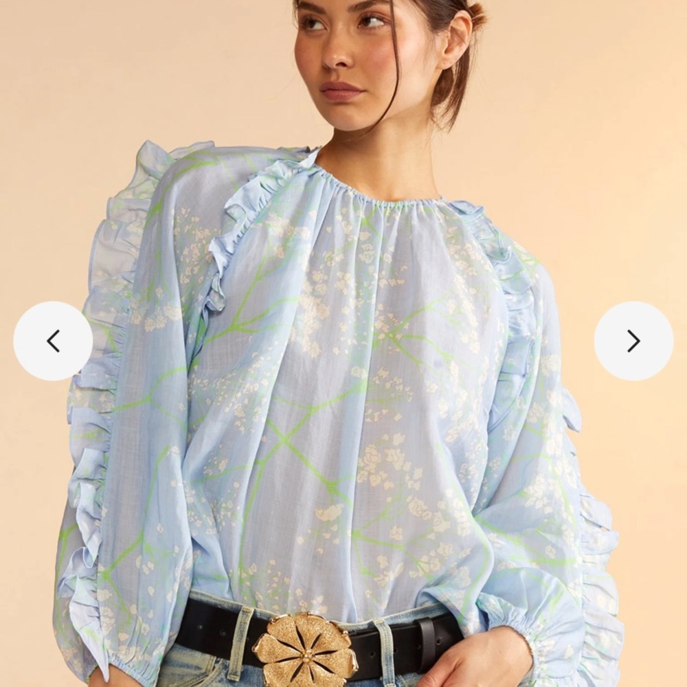 NWT Cynthia Rowley Ruffle Blouse-Linen, Blue, Size L